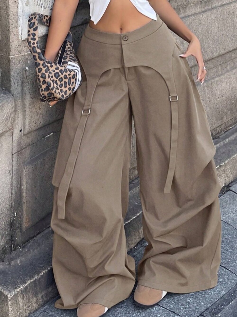Khaki Casual Women's Streetwear Chic Y2k Parachute Pants